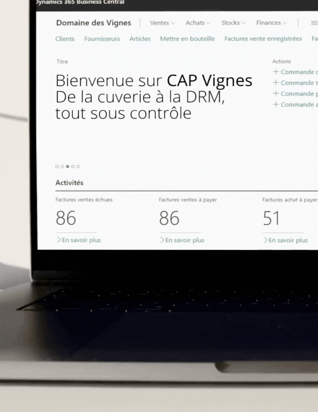 Tableau de bord ERP vin CAP Vignes pour propriétés viticoles